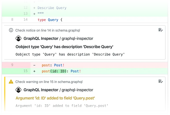 GitHub annotations placed on the changed lines of a schema file