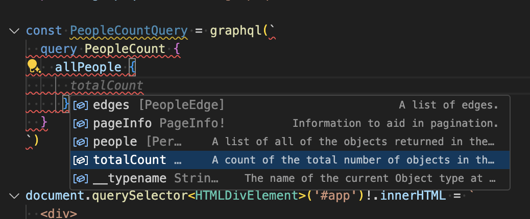 GraphQLSP in Action, giving us auto-complete on the selection set