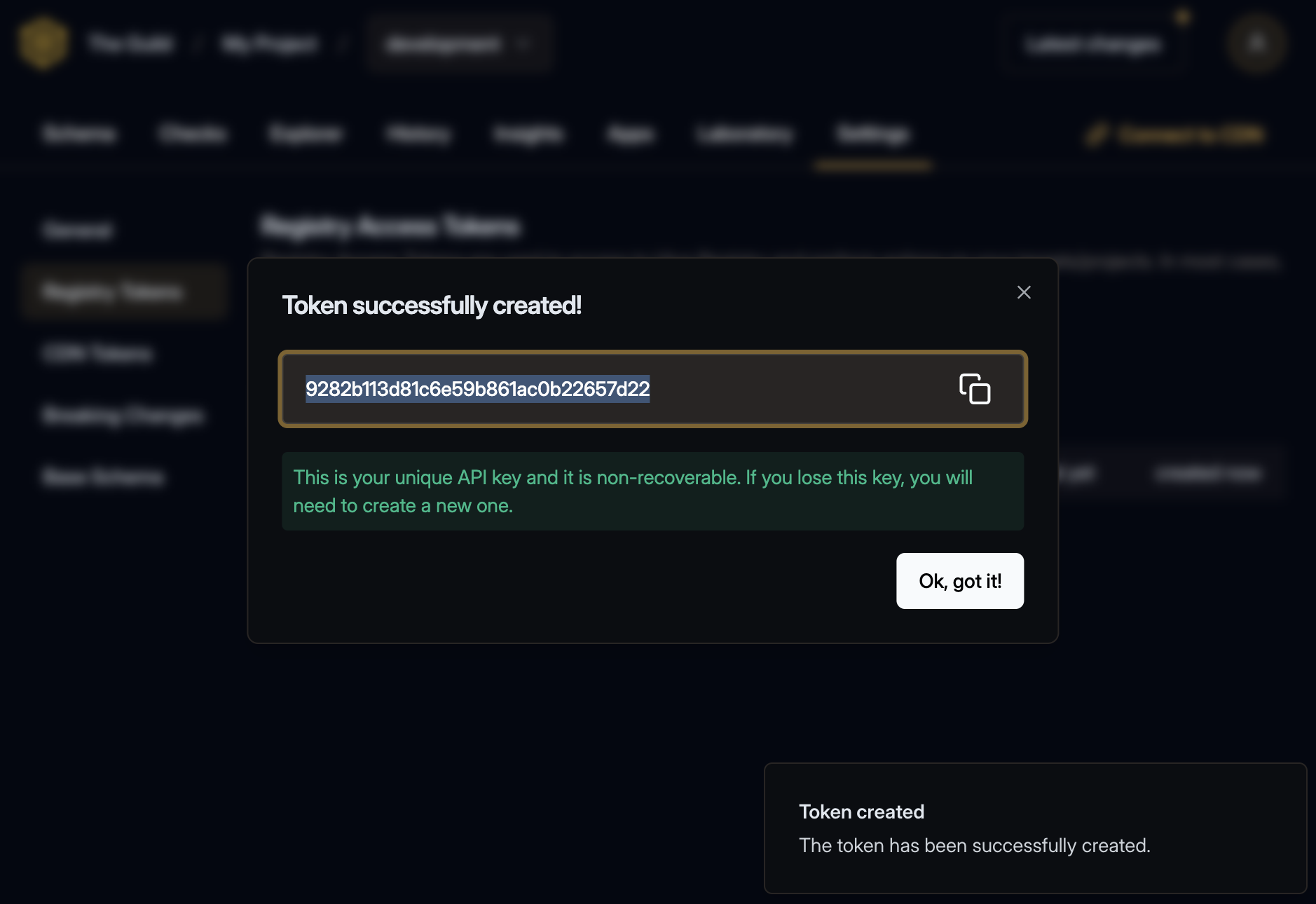 Created Registry Token Form