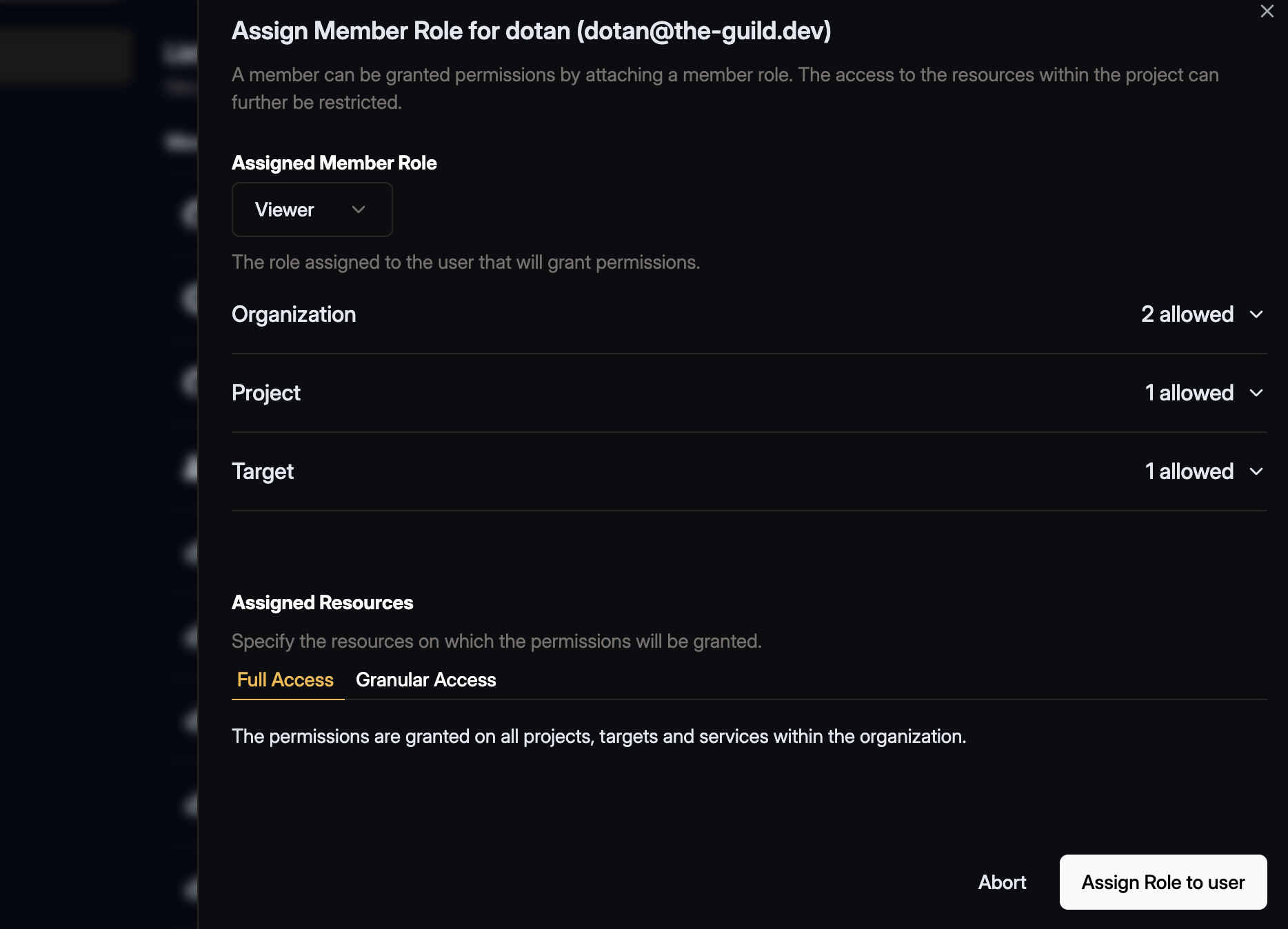 The Member Role Assignment interface displaying user role selection and permission assignment options