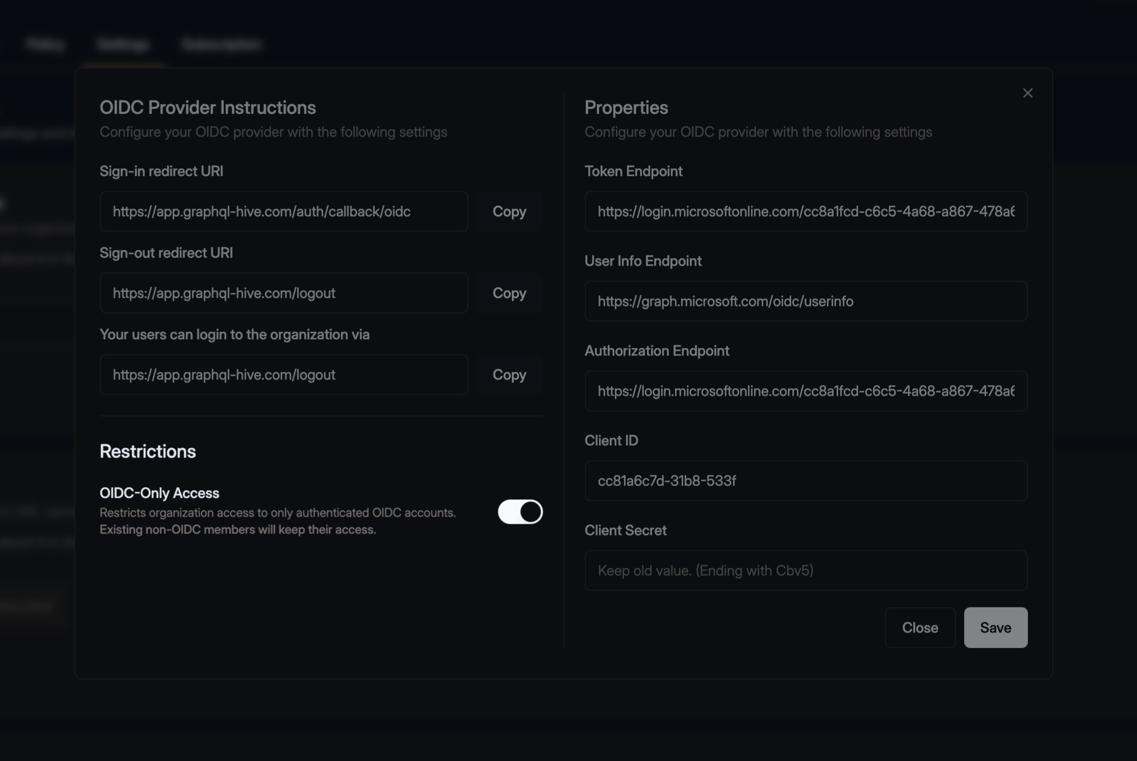 OIDC Configuration modal