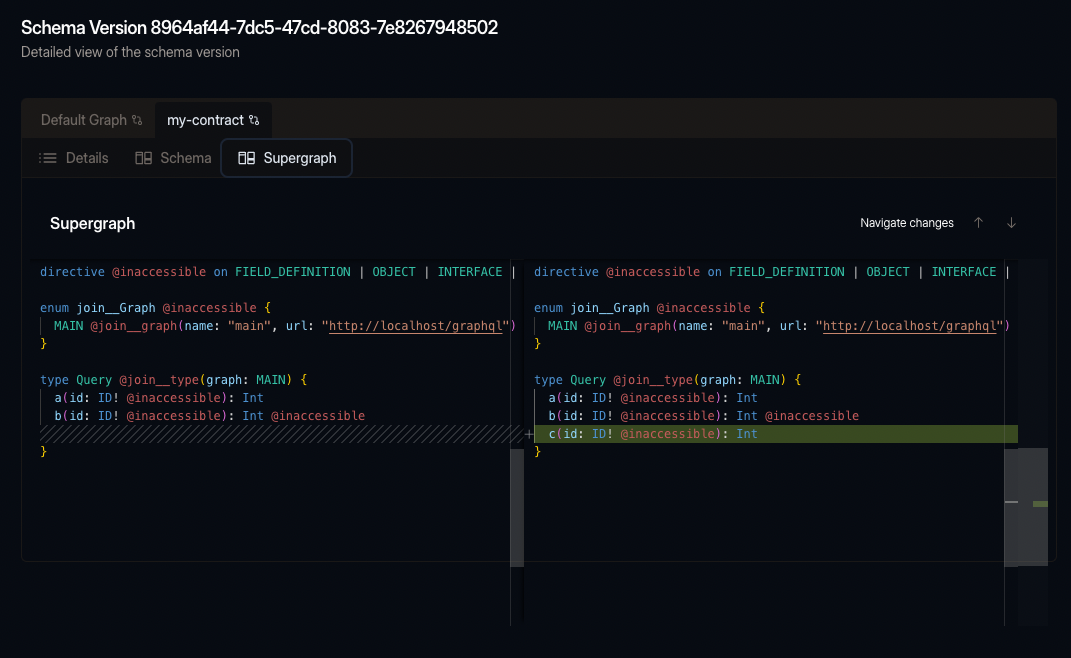 Supergraph Diff from one contract version to the next using a diff view